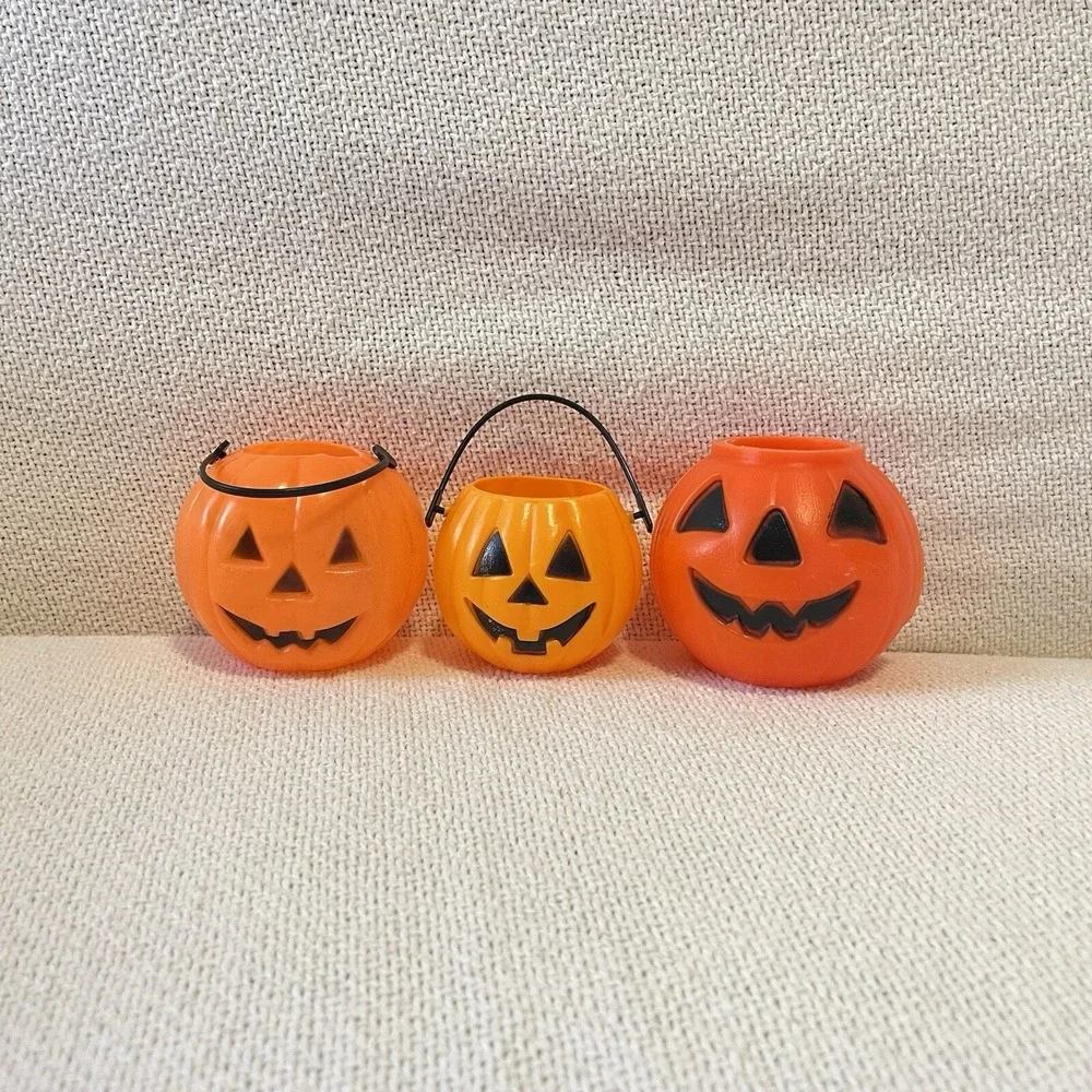 Vintage Halloween Jackolantern Pumpkin Skull Mini Candy Buckets Pail‎ Blow Mold